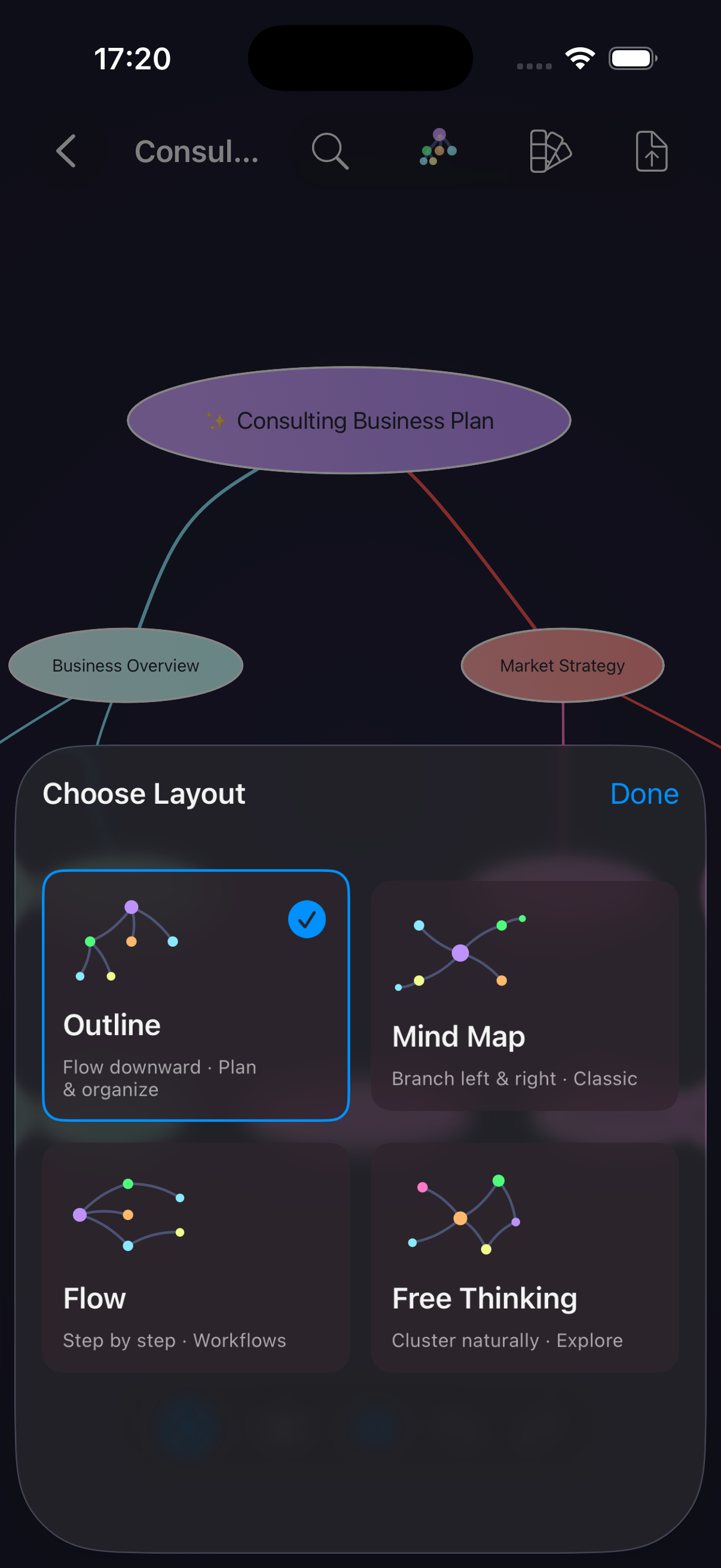 Converge Choose Layout sheet displaying Outline, Mind Map, Flow, and Free Thinking options with small preview diagrams.