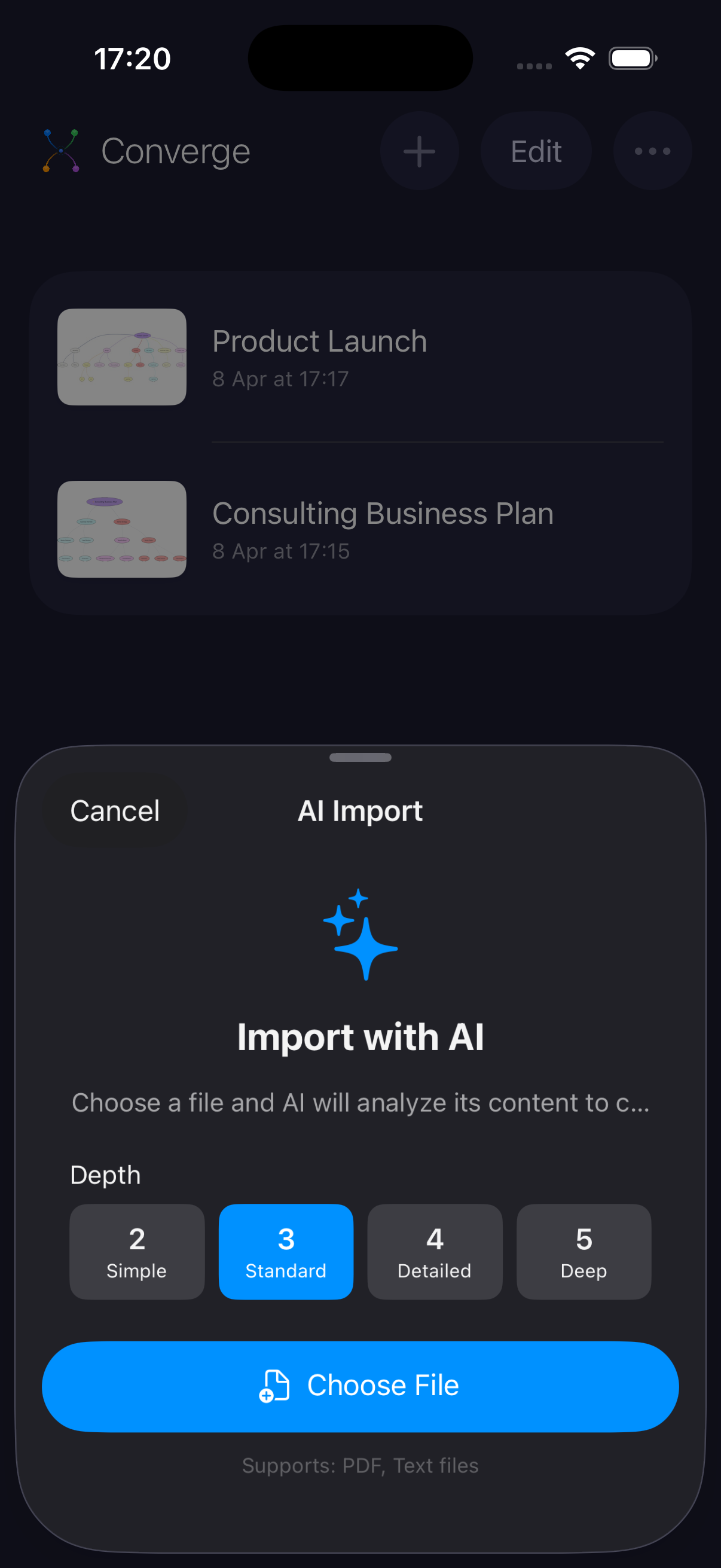 Converge AI Import sheet with depth selector showing Simple, Standard, Detailed, and Deep options, and a Choose File button for PDFs and text files.
