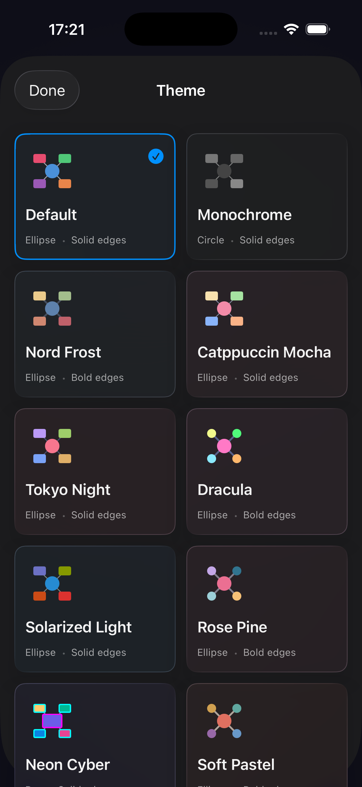 Converge theme picker showing a grid of themes including Default, Monochrome, Nord Frost, Catppuccin Mocha, Tokyo Night, Dracula, Solarized Light, and Rosé Pine.